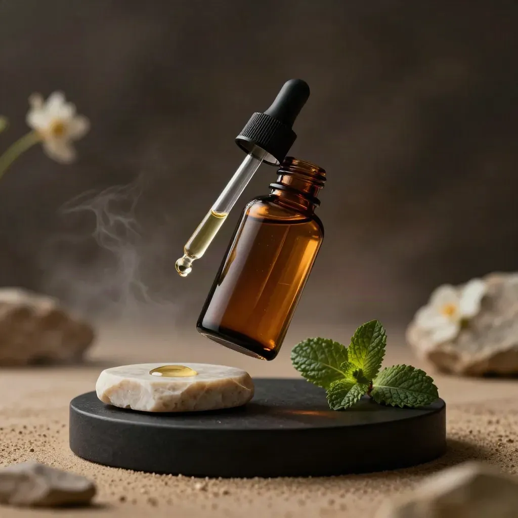 Amber CBD dropper bottle mid-air with pipette, stone dish, mint leaves and oil bead