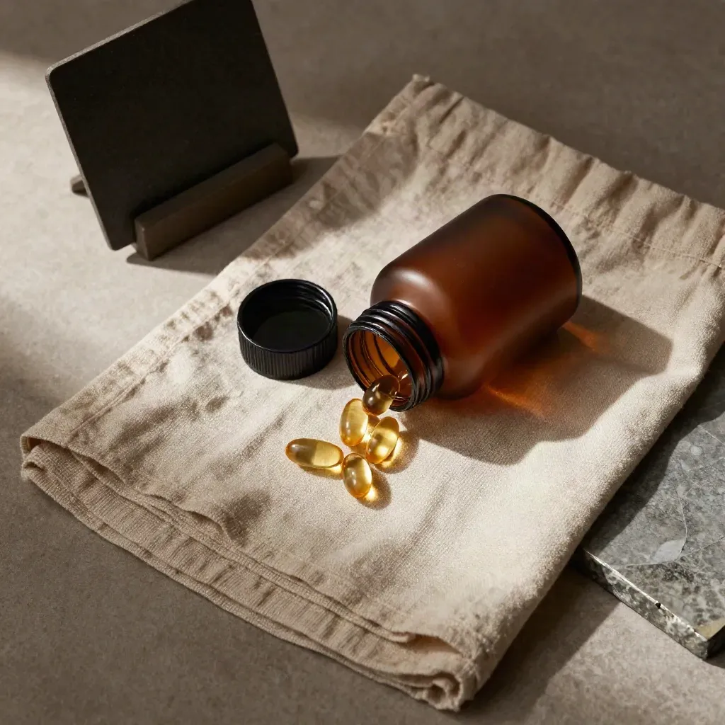 Overhead softgel bottle and capsules nestled in oatmeal linen on a pale stone slab