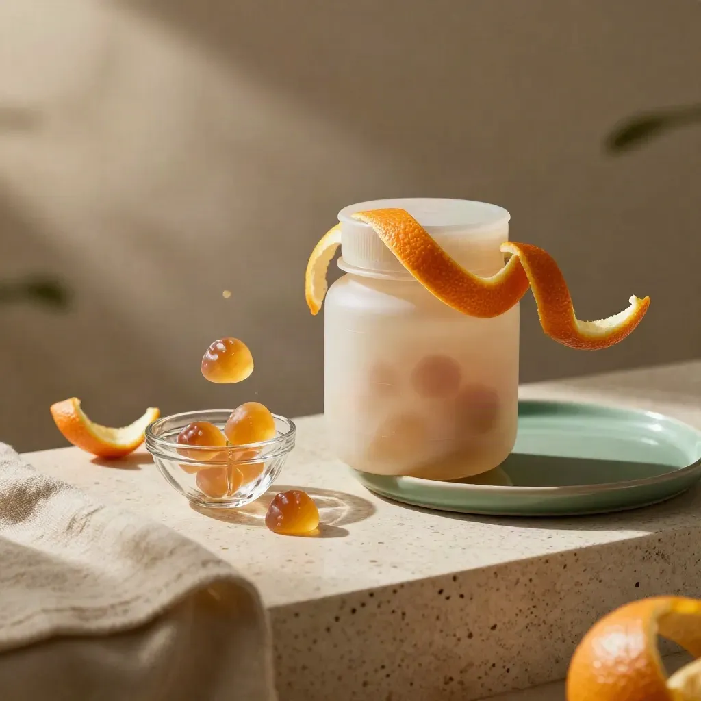Unbranded gummy jar with citrus peels and a glass bowl on travertine, softly lit with floating chews.