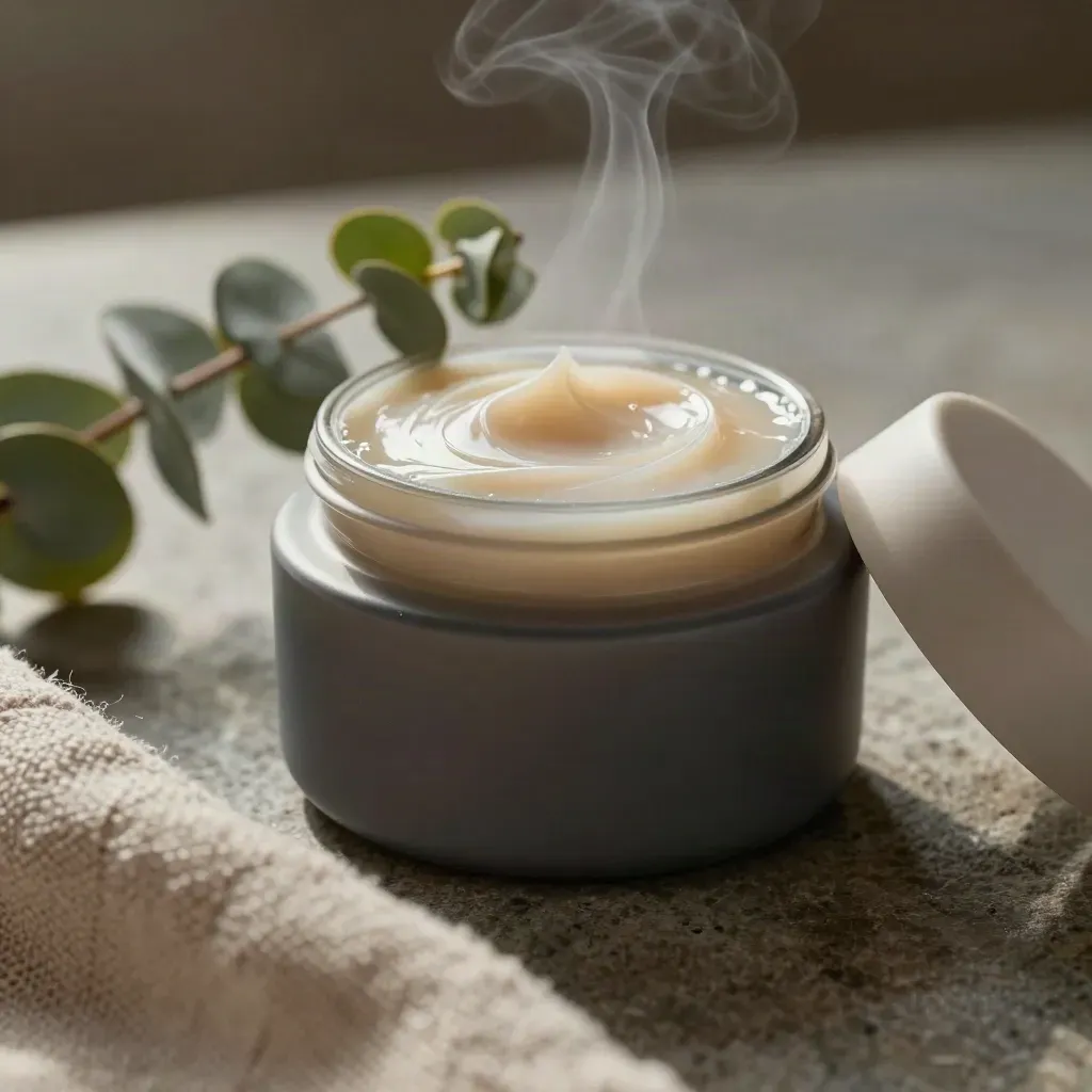 Macro balm jar with lid, swirl-marked surface, eucalyptus, and a folded towel on stone.