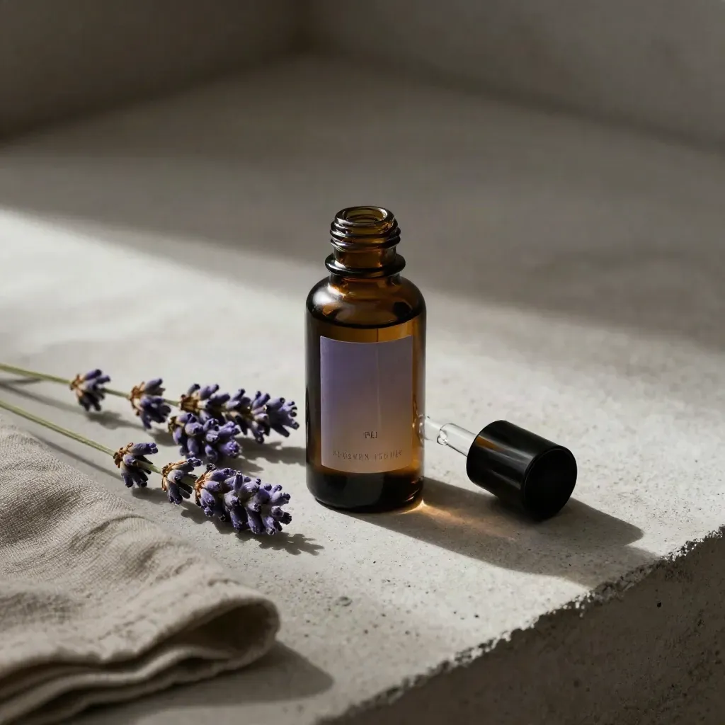 Unlabelled lavender drops bottle with sprig, linen square, and hanging droplet on pale stone.