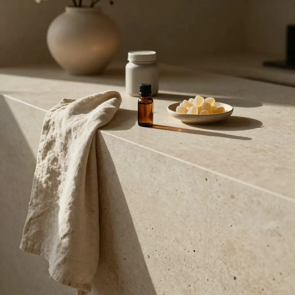 Travertine sleep-support counter with linen drape, amber bottle, gummies and soft lamp glow.